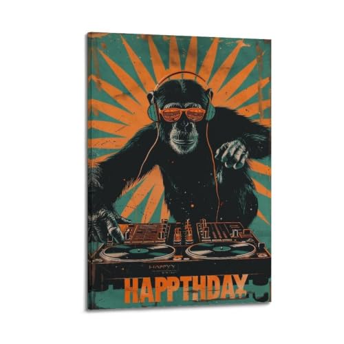 Toile DJ Chimp Happy Birthday style cadre : art vintage de 50 x 75 cm
