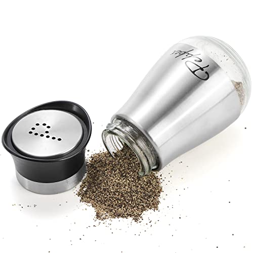 Tebery 2 Pack Silver Classic Salt and Pepper Shakers Set, 4 Ounces Stainless Steel & Glass Spice Dispenser, Refillable Design