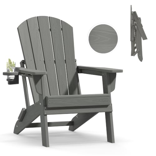 Image of Plawdlik Folding Adirondack Chair, SGS Tested, Wooden Textured with Cup Holder, Heavy All-Weather HDPE Comfortable Set Poolside Backyard Lawn Grey