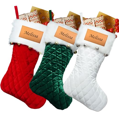 DPDP Personalized Christmas Stockings with Names - Custom Stockings Christmas with Embroidered and Leather Patches Name, Family 19” Large Xmas Customized Stockings for Christmas