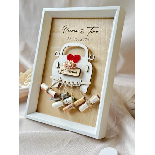 Regalo de boda personalizado, marco de fotos para dinero de coche, nombres grabados, soporte para tarjetas de boda, regalo de dinero en efectivo para novia y novio, tarjetas de felicitación