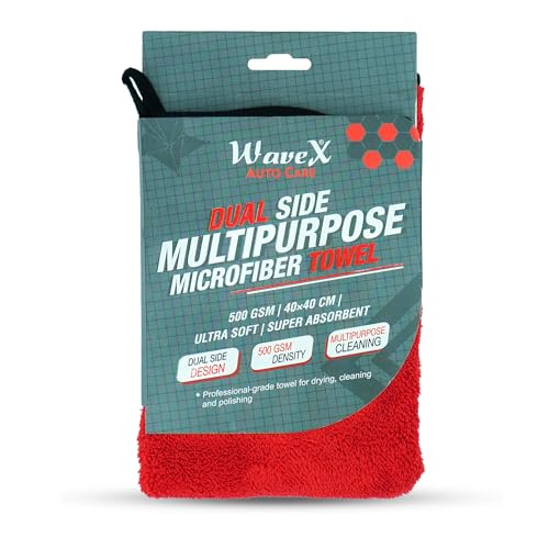 Image of WaveX Dual Side Multipurpose Microfiber Towel 500 GSM - Ultra Soft, Super Absorbent Car Cleaning Cloth | 40x40 cm, Scratch-Free, Thick Microfiber for Car, Bike & Home