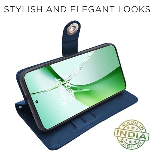 Image of Pikkme OnePlus Nord CE 4 5G Flip Cover Leather Finish | Inside TPU with Card Pockets | Wallet Stand and Shock Proof | Complete Protection Button Flip Case (Blue)