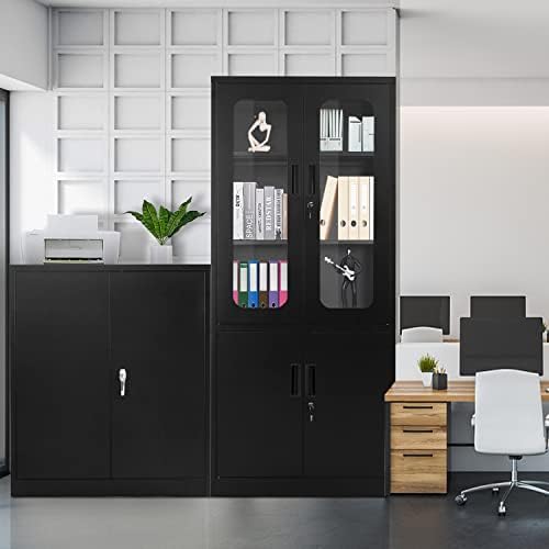 INTERGREAT Locking Metal Cabinet with Lock,Tall Office Storage Cabinet with Glass Door,Lockable Black Steel Cabinet with 3 Adjustable Shelves for Home,Pantry,Kitchen,(72"x36"x18")