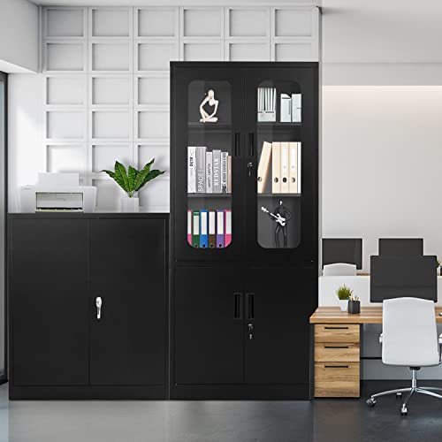 Intergreat Locking Metal Cabinet With Lock,Tall Office Storage Cabinet With Glass Door,Lockable Black Steel Cabinet With 3 Adjustable Shelves For Home,Pantry,Kitchen,(72"X36"X18") #TOP4