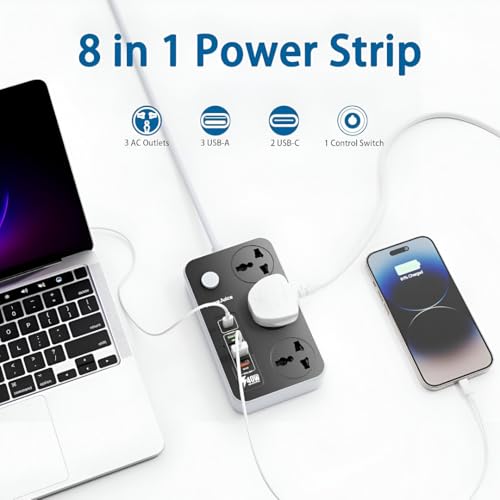 Image of Multi Plug Extension Board | 3 Universal Sockets + 5 USB Charging Ports | 2M Wire | Power Strip for Home, Office & Electronics