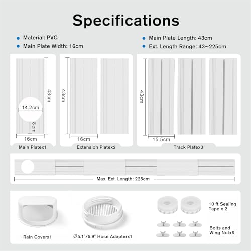 Fensterabdichtung Platte für Mobile Klimageräte, Wäschetrockner, Ablufttrockner, Hot Air Stop zum Anbringen an Fenster, Dachfenster, Flügelfenster (Länge 43-225 cm)