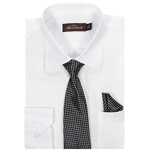 Alberto Danelli Boys Dress Shirt with Matching Tie and Handkerchief, Long Sleeve Button Down, Pocket, White C, 10/12