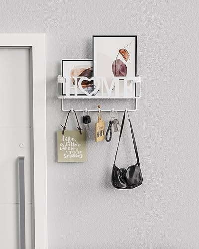 Image of Key Holder Wall Mount - Adhesive Key Holder with 5 Hooks, Key Rack and Mail Organizer, Metal Basket Key Hanger for Entryway, Home, Living Room Decor, 11 inch Lx2.8 inch Wx4.9''H(White)