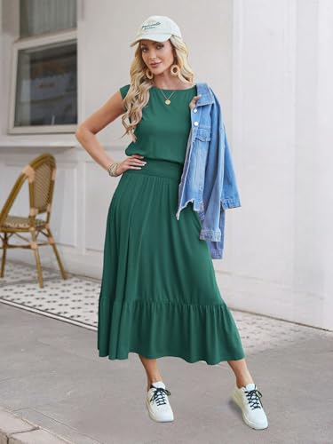 Image of Kikibell Womens Summer Dresses Cap Sleeve Elastic Waist Midi Dress with Pocket Long Causal Sundress Beach Vacation Outfits