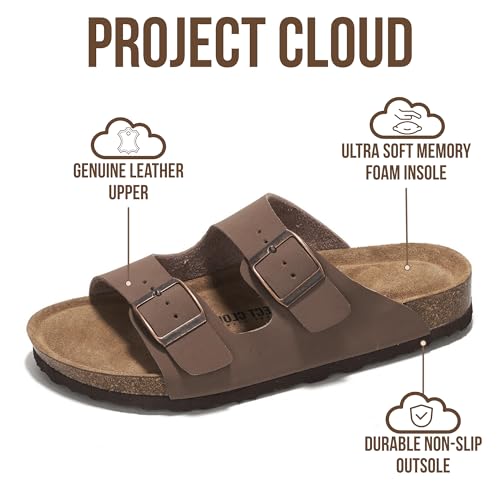 Image of Project Cloud 100% Genuine Leather Flat Sandals For Women 2026 Cork Footbed Womens Sandals with Memory Foam and arch support Vacation Essentials Slides for Women Footwear (Venita)