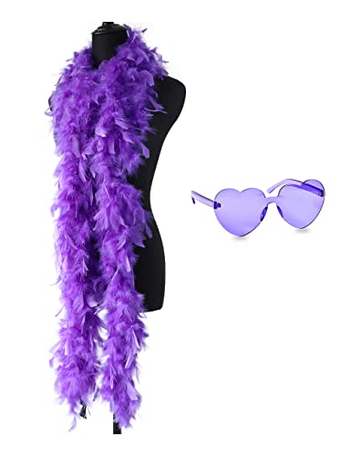 db11 Colorful Feather Boas 6.6ft Feather Boa for Women for Dancing Wedding Party Cosplay Halloween with Heart Rimless Sunglasses (Purple)