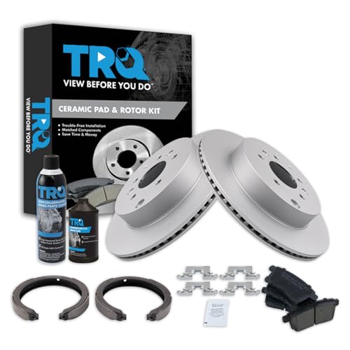 Image of TRQ Rear Brake Pad & Rotor Kit, with Chemical Kit Parking Brake Shoe Set Ceramic Premium G-Coated Compatible with 2007-2012 Mazda CX-9
