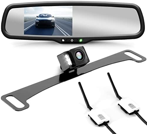 Pyle Wireless Backup Rear View Camera - Waterproof License Plate Car Parking Rearview Reverse Safety/Vehicle Monitor System w/ 4.3” Mirror Video LCD, Distance Scale Lines, Night Vision - PLCM4590WIR