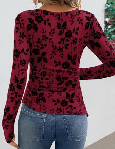 Image of ZESICA Womens Floral Long Sleeve Shirts 2026 Spring Boat Neck Mesh Ruched Tops Fitted Asymmetrical Going Out Blouses