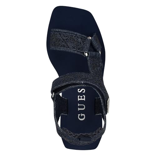 Image of Guess Women's DAWSIN Wedge Sandal, Black Denim Rhinestone Logo 400, 10
