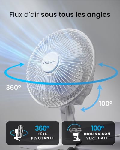 Pro Breeze Mini Ventilateur à Pince - 2 Vitesses, 15 cm - Ventilateur de Table avec Clip, Petit, Portable, Silencieux, Rotation 360° - Pour Maison, Table, Bureau - Blanc – vue 3