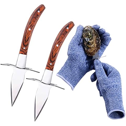 Oyster Knives and Gloves Set, 2 pcs Oyster Shucking Knives and 1 Pair Cut Resistant Level 5 Gloves(XL), Oyster Shucker Opener Stainless Steel Clam Seafood Knife Tools with Wood Handle Hand Guard Cover