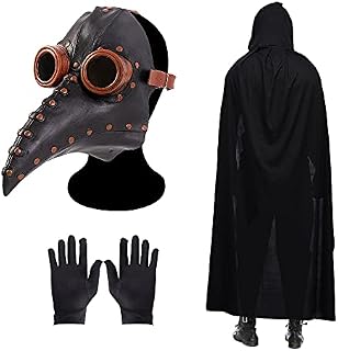 Plague Doctor Mask Bird Beak Long Nose Beak Steampunk Mask with a Pair of Gloves and Black Hooded Cloak Halloween Costume Props Mask
