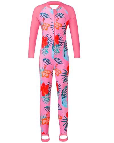 Image of TFJH E Girls Long Sleeve One Piece Swimsuit UPF 50+ Front Zipper Rash Guard Stirrup for Beach