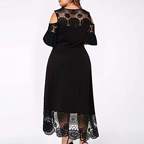 Fwflyaway Women's Plus Size Wedding Guest Lace Chiffon Swing Dress,Spring Summer Retro Half Sleeve/Off Shoulder Knee Length Formal Evening Prom Cocktail Midi Dress E-Black #TOP2