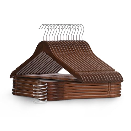 KEPLIN Strong Wooden Coat Hangers with 360 Degree Rotatory Hook & Round Trouser Bar & Shoulder Notches - Durable Wardrobe Space Saver - Suitable for Coat, Jacket, Suit, Jumper (Walnut, 20 Pack)