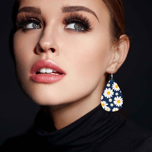 Vosach White Daisy Faux Leather Earrings Small Wild Flower Daisy Florals Chamomile Teardrop Leather Dangle Earrings Women Earrings For Wedding Bridal by Vosach - Image 5