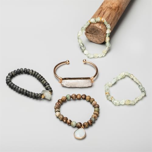 5PCS Natural Boho Beaded Bracelets Bangle for Women Men,Healing Turquoise Jasper Agate Crystal Gemstone Stone Chakra Multilayer Wrap Bohemian Handmade Jewelry Beads Stretch Bracelet Set4