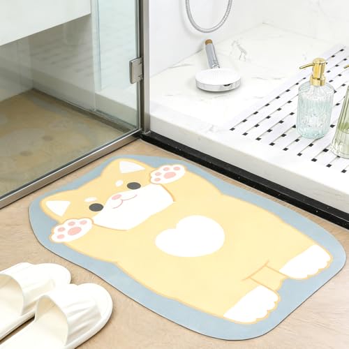 Tyrafry Cute Animals Bath Mats Ultra Thin Bathroom Rugs Fit Under Door, Quick Dry Super Absorbent Washable Bath Rug for Shower, Tub, Cream, Easy Care, Dog Yellow 17"x25"