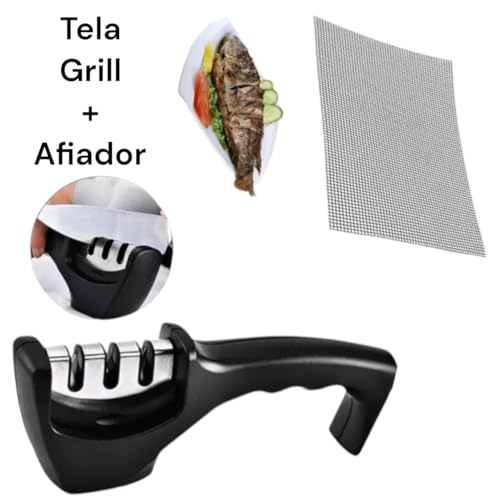 Kit Para Churrasco Tela Grill Manta Resistente Versátil e Amolador de Facas Afiador Profissional Hig