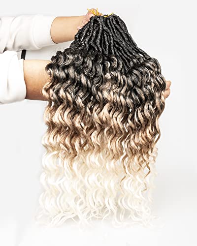 Faux Locs Crochet Hair for Black Women- 24 Inches 8 Packs Pre Looped Ombre Black to Blonde Off-white 112 Strands Synthetic Hair Extensions, Soft Goddess Locs Braids with Long Deep Wave Curly