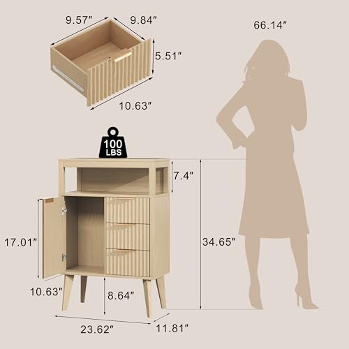 Image of Natural Wood Bathroom Floor Cabinet with 3 Fluted Drawers & Door, Modern Storage Sideboard with Open Shelf, Coffee Bar Station for Living Room, Entryway, 23.6 x 11.8 x 34.6 Inches