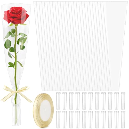 Mauproy 100Pcs Single Rose Sleeves with 100 Pcs Floral Water Tubes and Ribbons Single Flower Bags Plastic Flower Wrap for Graduation Wedding Birthday Florist Supplies (Transparent)
