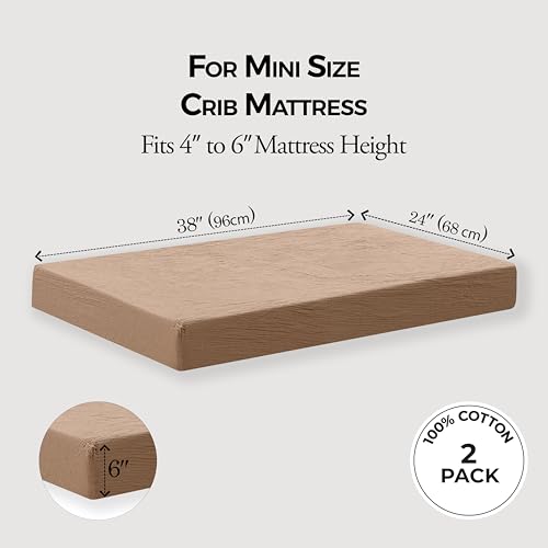 Image of Dreamology Muslin Mini Crib Sheets, 100% Cotton Crib Sheets, Soft, 2 Pack | Crib Sheets Girls,Boys,Pack n Play Sheets, Crib Sheet, Pack and Play Sheets Fitted, 24x38 Mini Crib Sheets | Brown and Ecru