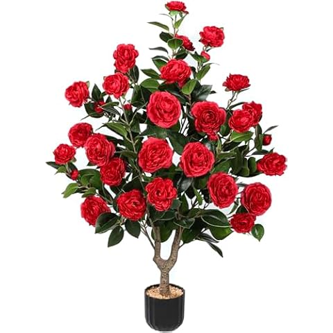 38" Tall Artificial Camellia Tree Faux Plants Outdoor Indoor Fake Trees Potted Bushes Artificial Decor Plant with 32 Red Flowers Christmas Decorations Arboles Artificiales para Decoracion Cover