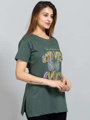 Image of Magknit Fancy Printed Both Side Cut Cotton Blend Half Sleeves and Lightwiegt Trendy Summer Long T Shirt for Women
