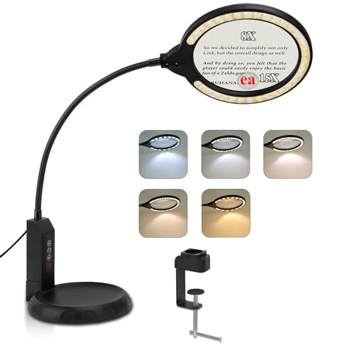Magnifying Glass with Light and Stand, 15X & 8X Magnifying Lamp with Clamp, 5 Color Lighting Modes Stepless Dimmable LED Desk Lamp Hands Free for Crafts Hobby Reading Painting Sewing Close Work