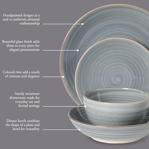Image of Gibson Home Stonebury 16 Piece Plates and Bowls Assorted Color Dishes - Handpainted Stoneware Dinnerware Set - Service for 4