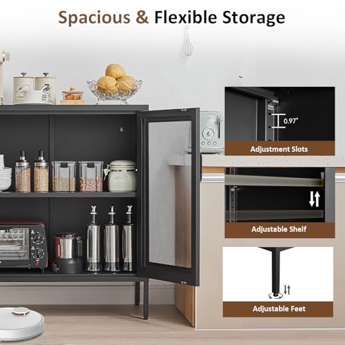 FURSTEL Buffet Cabinet, Modern Industrial Style Sideboard Buffet Cabinet, with Adjustable Shelves Credenza for Living Kitchen Dining Farmhouse, Black
