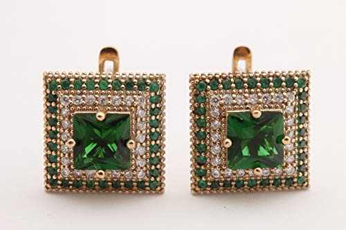 Turkish Handmade Jewelry Small Square Shape Emerald and Round Cut Topaz 925 Sterling Silver Stud Earrings