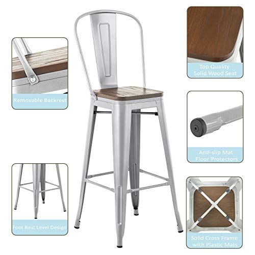 Mecor Metal Bar Stools Set of 4 w/ Removable Backrest , 30'' Dining Counter Height Chairs with Wood Seat Metal Frame, Silver