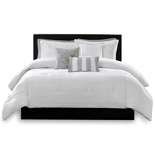Madison Park Hampton Duvet Cover King/Cal King Size - White, Jacquard Pleated Stripes Duvet Cover Set – 6 Piece – Ultra Soft Microfiber Light Weight Bed Comforter Covers #TOP7
