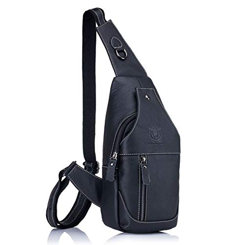 Sac de Poitrine Homme en Cuir, Veritable Sacoche à Bandoulière Sacs a dos porté épaule Travers Pochettes des Sport Affaires Voyage (Noir)