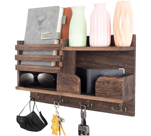 CAIHONG Key Holder for Wall, Wooden Organizer Wall Mount with 4 Double Hooks and Wallet Holder, Sunglasses and Mail Storage Rack for Entryway or Mudroom - Brown