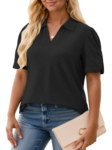 VISLILY Womens-Plus-Size-Summer-Tops Polo V Neck T Shirts Puff Short Sleeve Lapel Collared Work Blouses Eyelet Tunics XL-5XL2