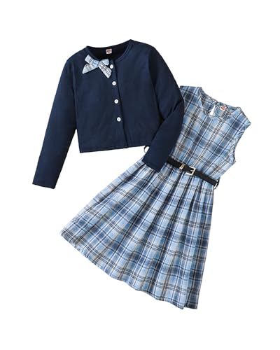 Image of PureChapter Girls' Preppy Clothes Plaid Vest Dress Cardigan Jacket Belt Cute Kids Clothes 7-14Y Green