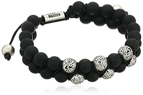 Steve Madden Men's Black and Grey Beaded Double Strand Adjustable Bracelet in Stainless Steel