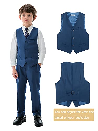 Boyoo Boy's 4 Pieces Formal Suit Set Slim Fit Blazers Outfit With Jacket, Vest, Dress Pants And Tie For Kids Size 5-14 Years Blue #TOP2