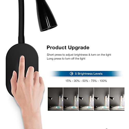 Wall Reading Light, Book Light For Reading In Bed, Touch Control Usb Output Modern Reading Lamp,5 Dimmable Led Flexible Gooseneck 4000K Bed Lights, Easy To Install Black #TOP2