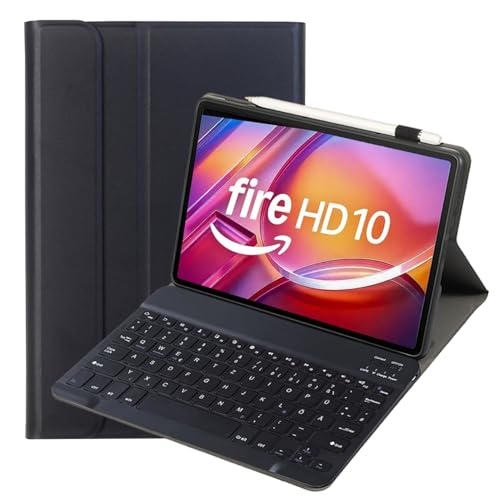 Funda con teclado para Amazon Fire HD 10 con teclado QWERTZ alemán extraíble magnético negro